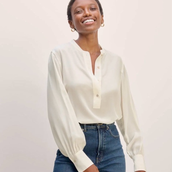 LOFT Tops - Loft Ivory White Cream Band Collar Button Henley Long Sleeve Blouse Size Medium